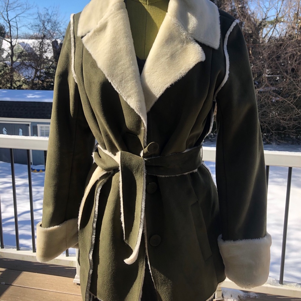 Saige green suede faux fur lined coat size S